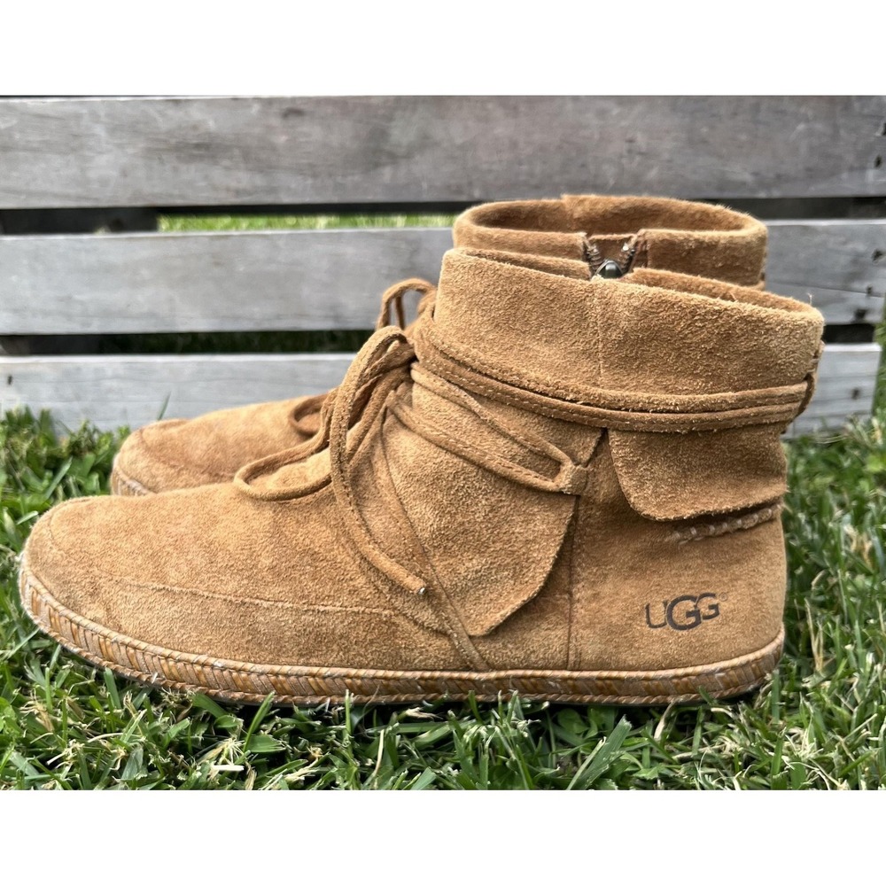 UGG Boots Womens Size 9 Brown Suede Ankle Moccasin Zip Flat Sole Casual 1019129